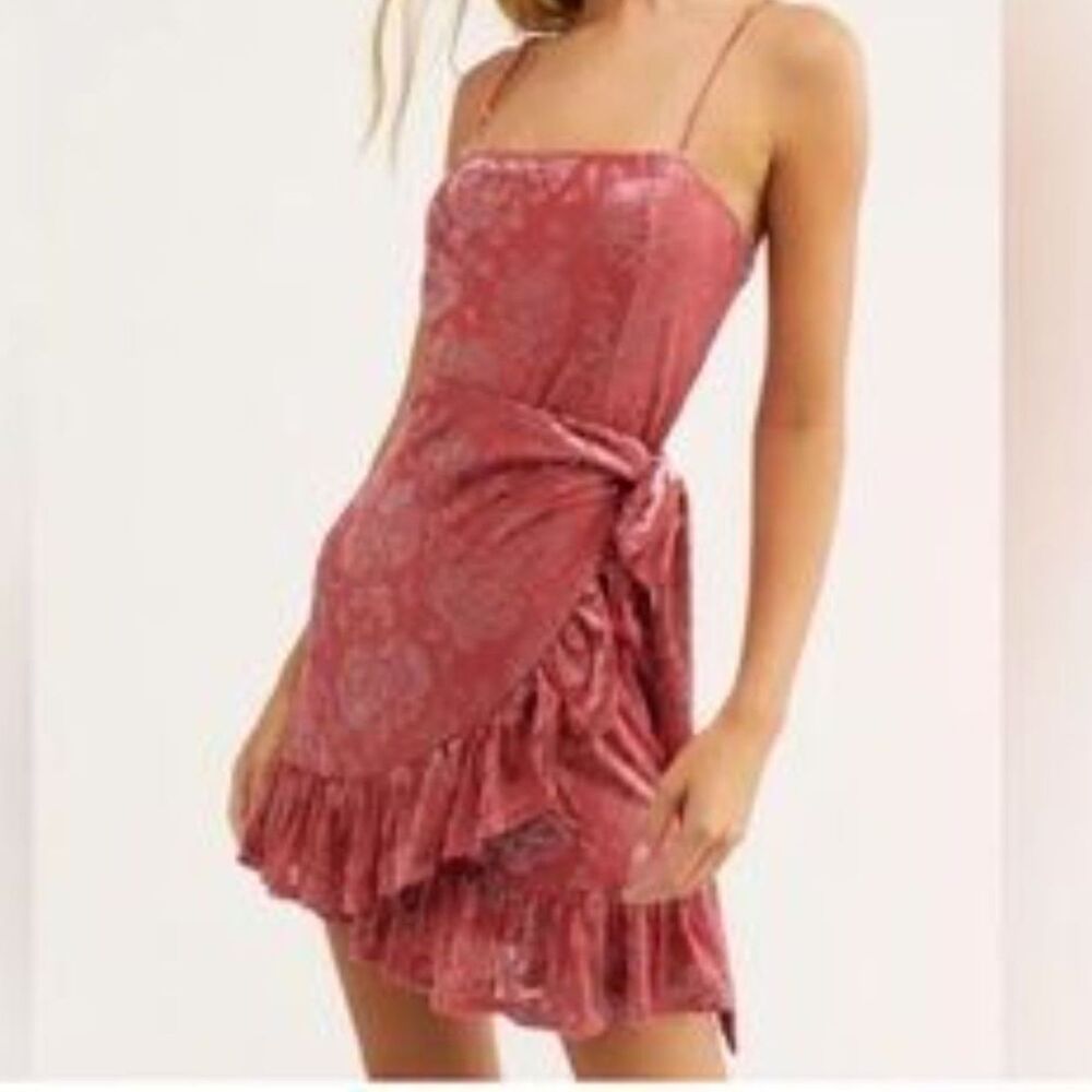 Free People Intimately Pink Olivia Velvet Floral Burnout Faux Wrap Dress